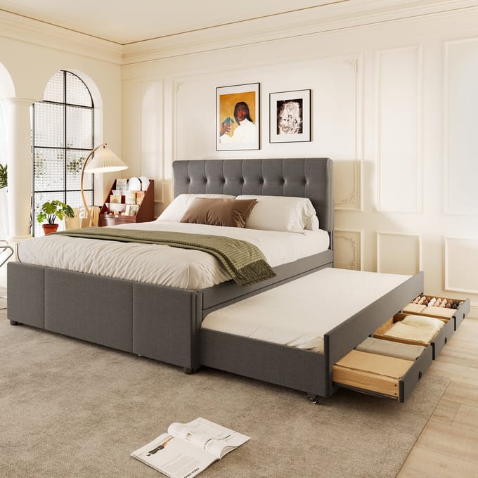 Bed 140x200 cm - Met Uitschuifbed En Drie Lades - Verstelbaar Hoofdbord - Stof - Grijs