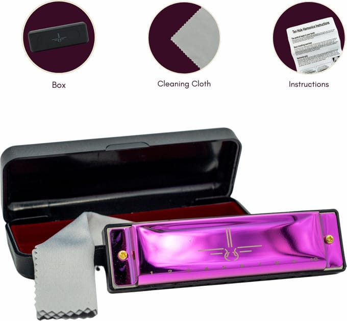 Mondharmonica C voor Volwassenen en Kinderen - Instructieblad - Metallic Purple Blues Harp