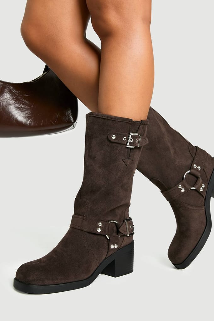 boohoo Dames D-Ring haksende bikerlaarzen | Bruin | Maat: 38