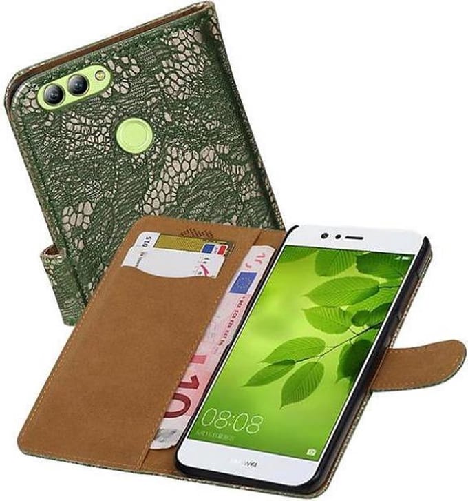 Lace Bookstyle Wallet Case Hoesjes Geschikt voor Huawei Nova 2 Donker Groen