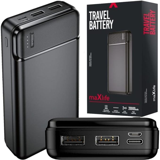 Externe batterij MaXlife MXPB-01, 20000mAh, 12W, 2 x USB-A, Zwart