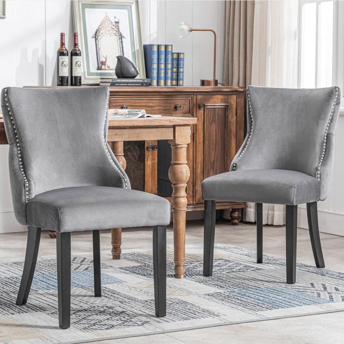 OKWISH Eetkamerstoelen - Set Van 2 - Hoge Rugleuning Gewatteerd - Fluweel - Grijs