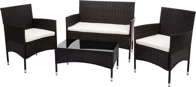 Poly-rattan set MCW-F55, balkon/tuin/lounge set zitgroep ~ bruin, crèmekleurige kussens
