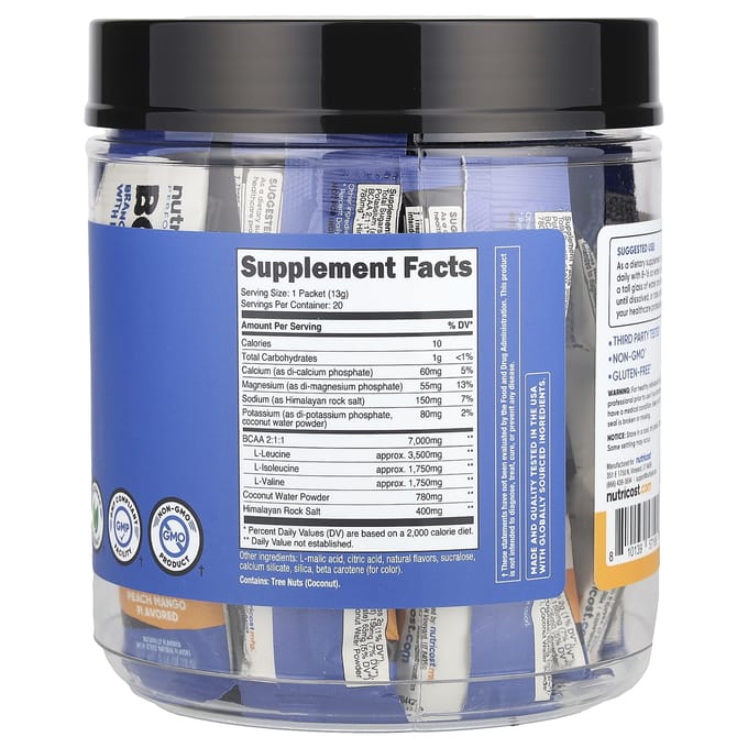 Nutricost, Performance, BCAA+, Pêche Mangue, 20 sachets, 13 g (0,5 once) chaque