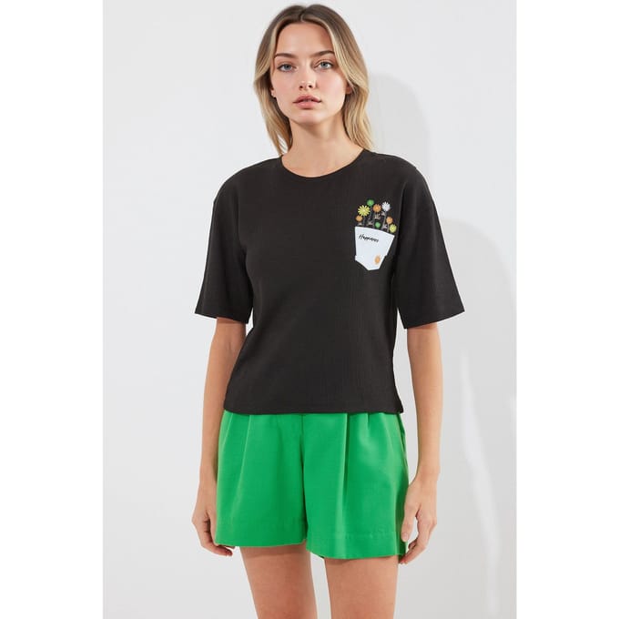 Geborduurd Shirt met Ronde Hals en Bedrukking