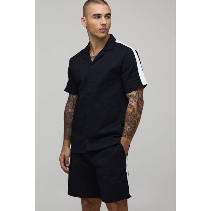 Twill Contrastband Regular Overhemd & Relaxed Shorts Set | Navy | Size XS