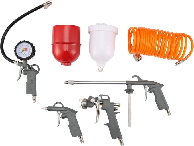 Perslucht Set - Compressor Accessoires - Klus Klussen - Compleet Met Slang - 5 Delig - Grijs