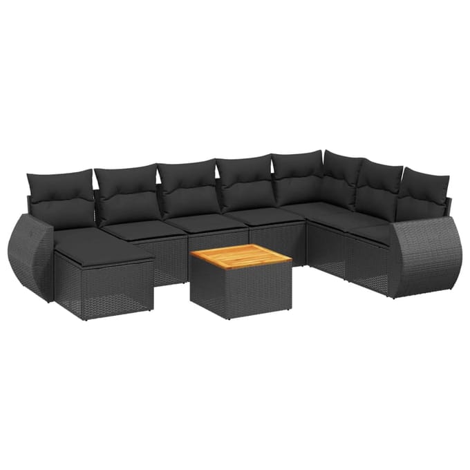 vidaXL - 9-delige - Loungeset - met - kussens - poly - rattan - zwart