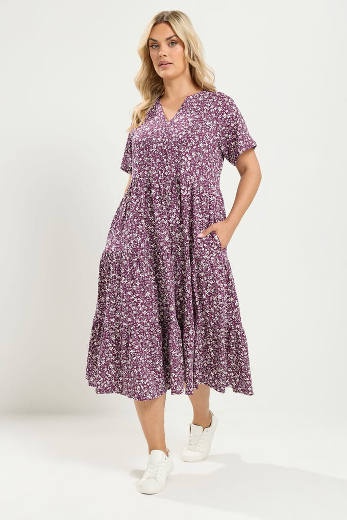 Yours Paarse Jurk Met Bloemenprint En Gelaagde Rok Size 54-56