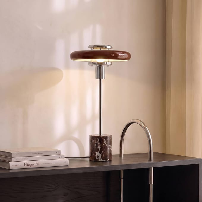 Lindby - Tafellamp - 1licht - Glas, marmer - H: 46 cm - E14 - bordeauxrood, chroom