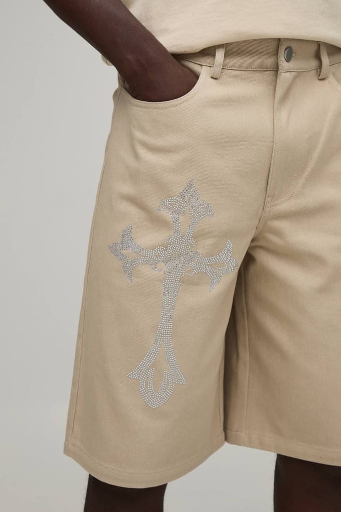 Ontspannen Pasvorm Middellange Short Met Strass Kruis | Stone | Size 30