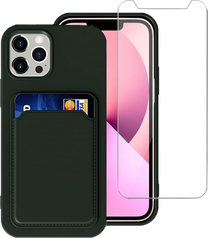 Geschikt voor iPhone 13 Hoesje Groen - Pasjeshouder Case Back Cover - 1x Tempered Glass Screen Protector Glasprotector Screenprotector