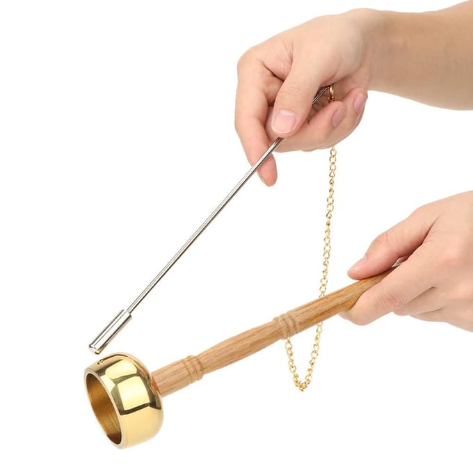 Boeddhisme Houten Handvat Messing Handbel Zingend Schrift Implement Boeddhistische Benodigdheden beige