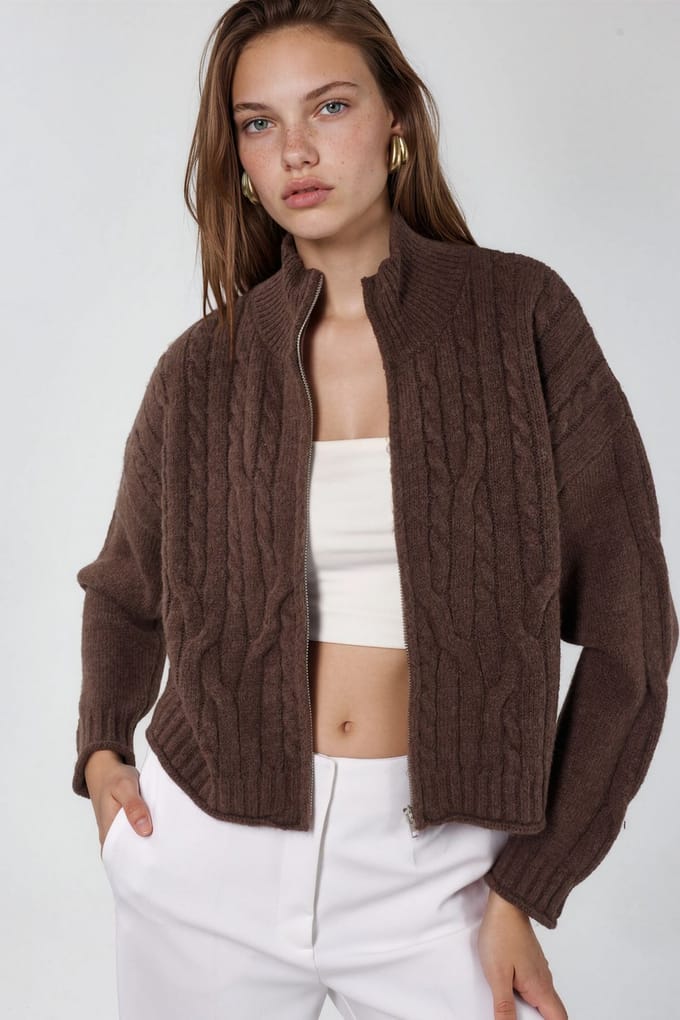 Korte Zachte Touch Rits Kabelgebreide Cardigan