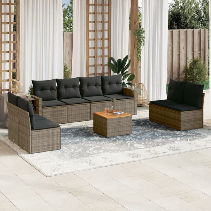 vidaXL - 9-delige - Loungeset - met - kussens - poly - rattan - grijs
