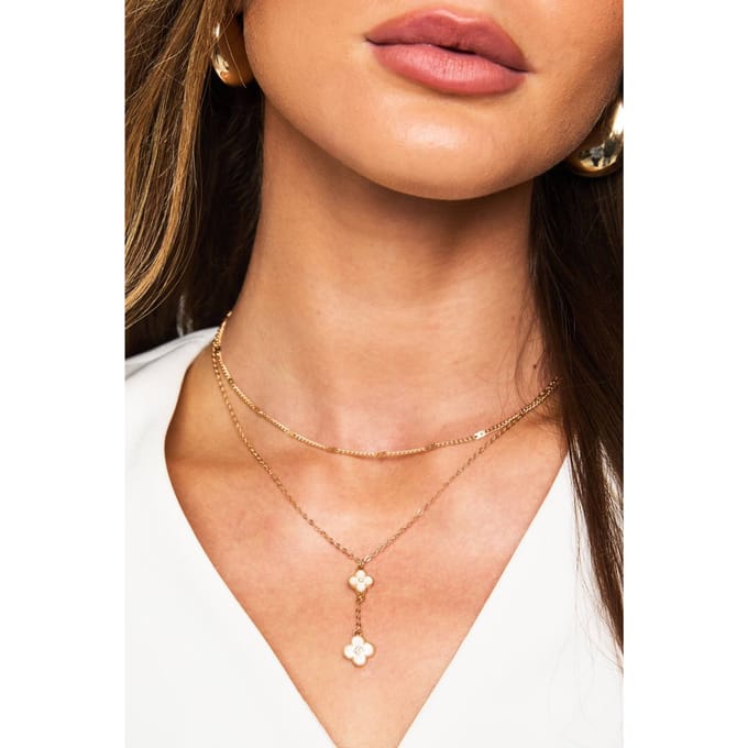 boohoo Dames Email Bloem Detail Drop Gelaagde Ketting | Goud