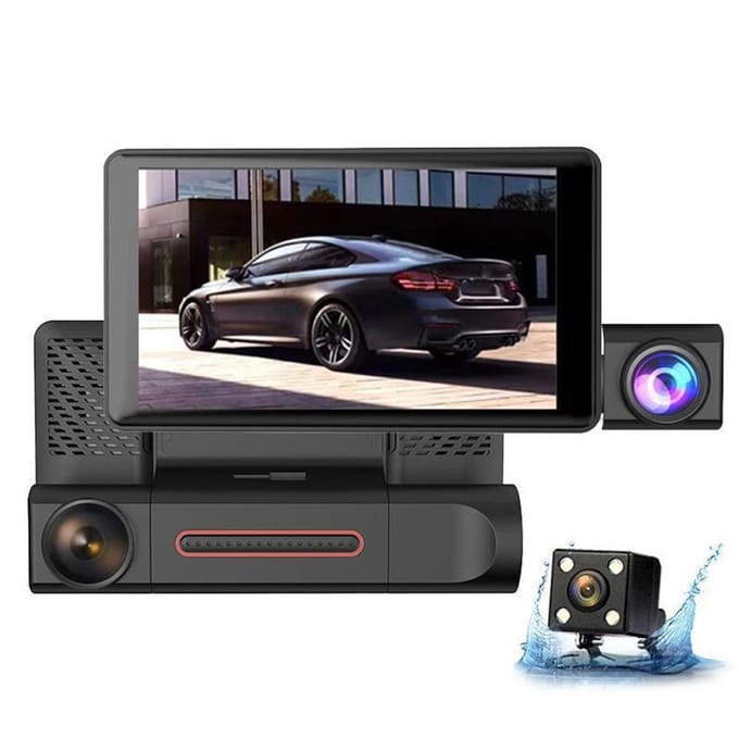 1080P DVR Dashcamera 3-Lens Voor & Binnen & Achtercamera Rijrecorder 4 Inch Scherm Dashcam zwart