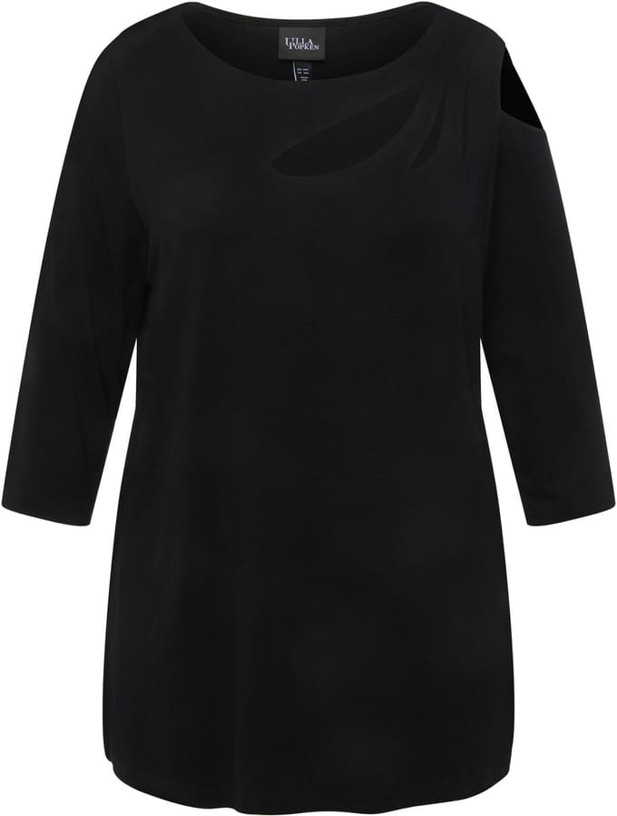 Ulla Popken - Dames - Shirt cut-outs A-lijn boothals 3/4-mouw - Zwart - Maat 46+