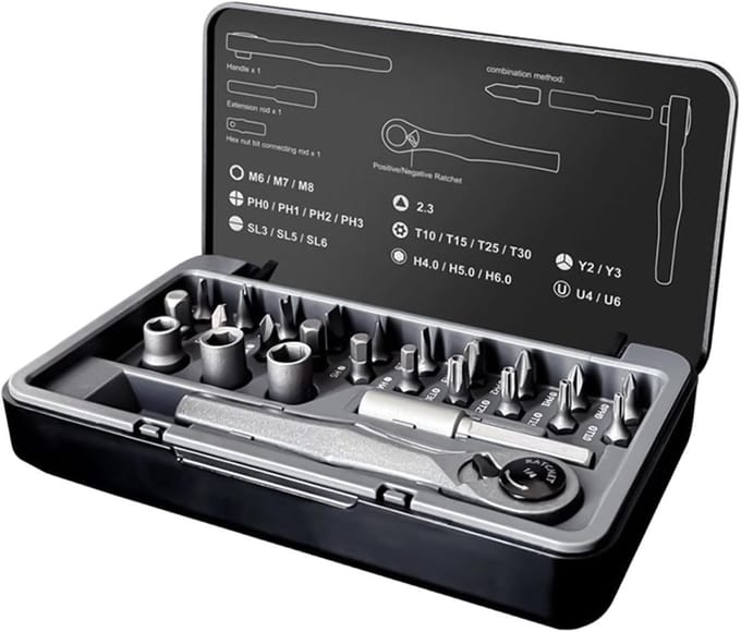 Magnetische Schroevendraaier - Precisie Set - Klus Klussen - Efficiënte Ratel - 25 Delig - Grijs