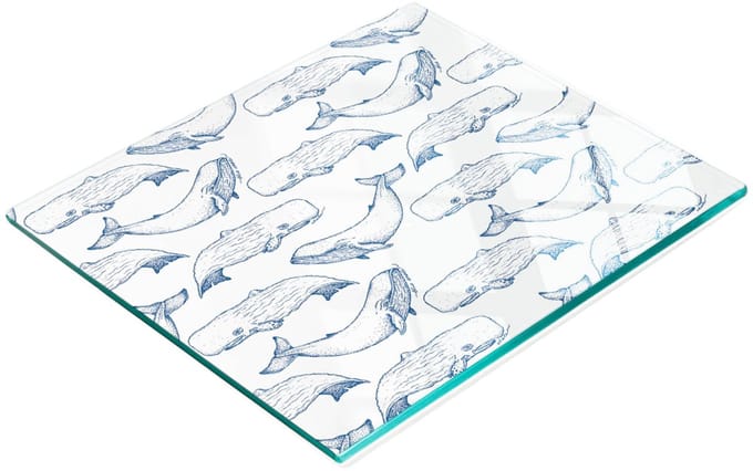 Bord van gehard glas met decoratief patroon van een blauwe walvis, 60x52 cm