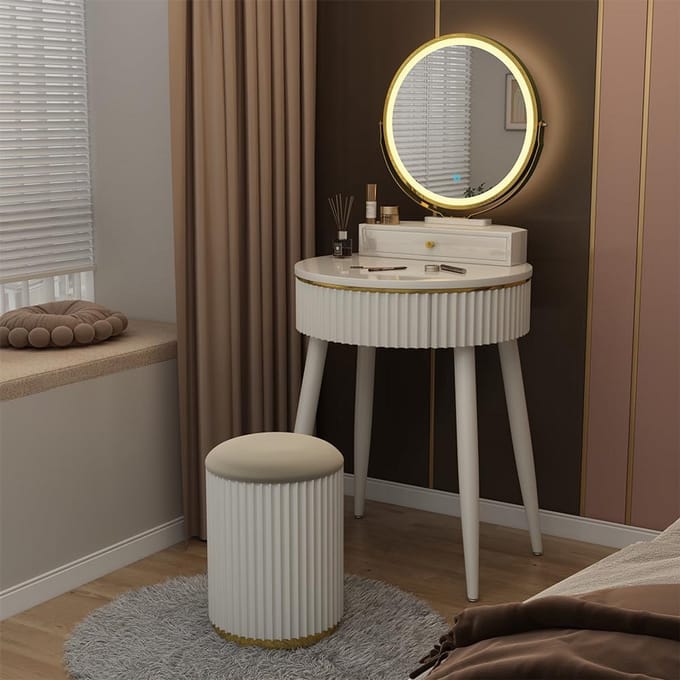 Kaptafel met Spiegel - Make-uptafel Kruk - Comfortabel Op Maken - Instelbare LED Verlichting - 60 cm Breed - Wit