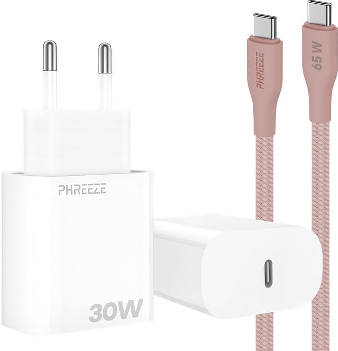Power Delivery oplader met 30w usb C poort met usb C kabel 1m roze