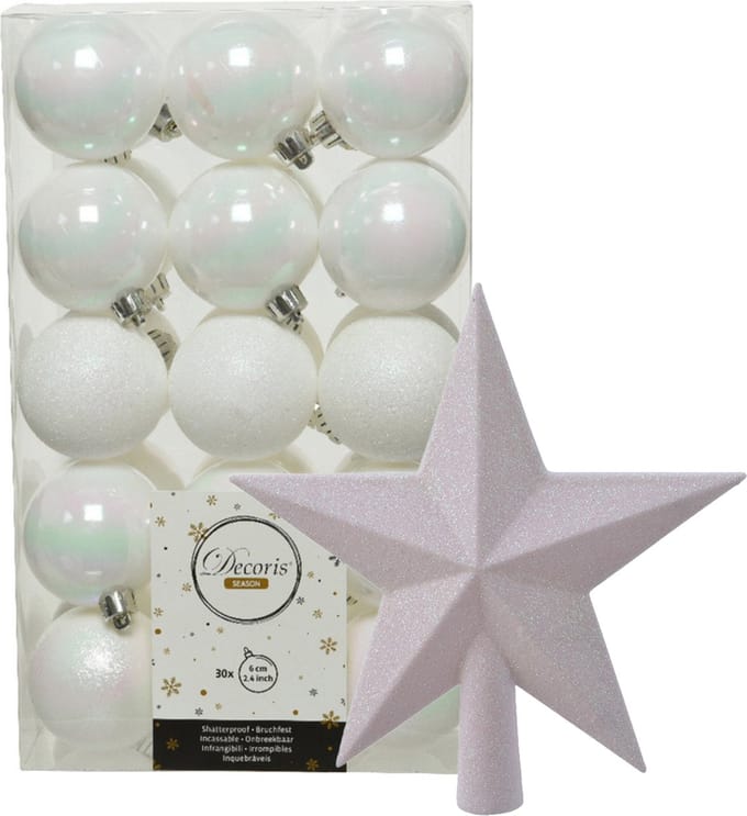 Kerstballen - 30x stuks - incl. ster piek - parelmoer wit - kunststof