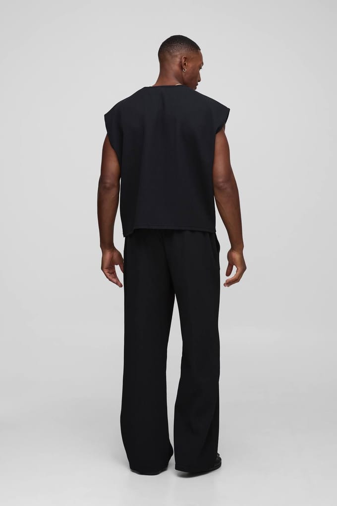 Elastische, wijduitlopende geplooide broek | Black | Size Medium