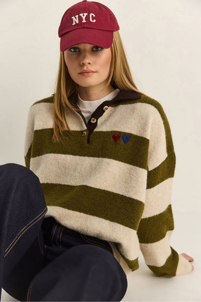 Oversized Gestreept Polo Kragen Sweater met Borduring