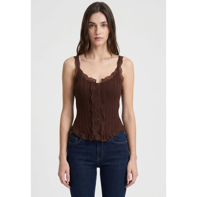 Aangesloten mouwloze kanten geribde blouse met knopen