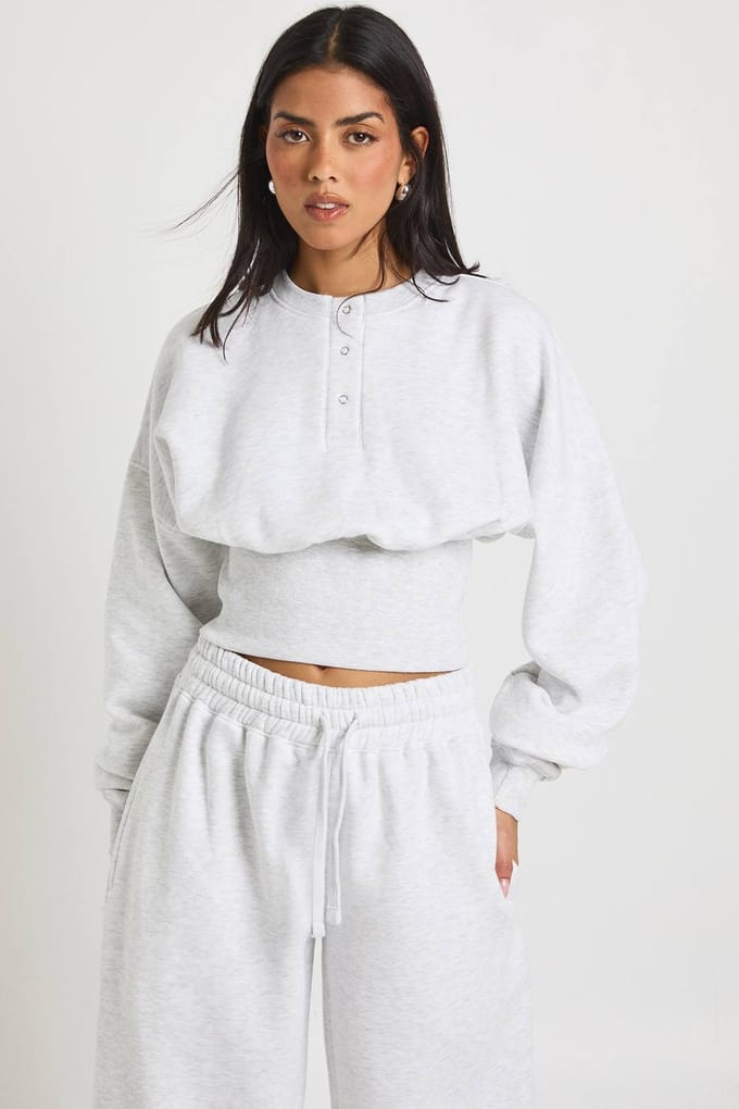 boohoo Dames Diep Zoom Henley Sweatshirt Trainingspak | Ash Grey | Maat: Medium