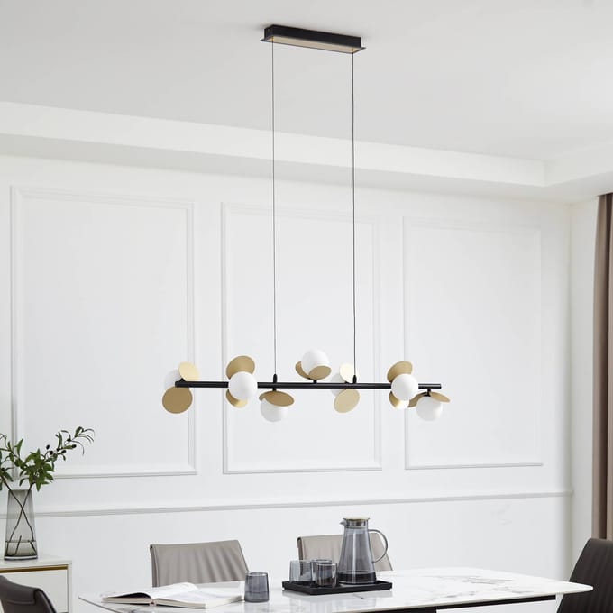 Lucande hanglamp Pallo, 7-lamps, zwart/goud, glas