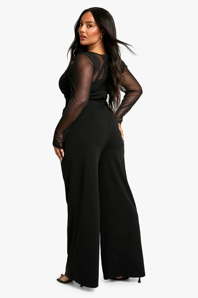 boohoo Dames Plus Mesh Gerafelde Jumpsuit met Wijde Pijpen | Black | Maat: 24