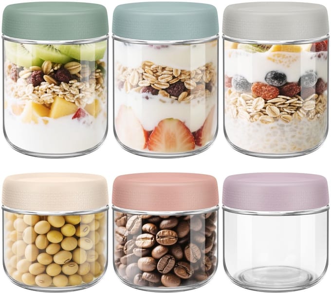 Dailygoods - Set van 6 Lekvrije Overnight Oats Potten - Stapelbaar en Luchtdicht