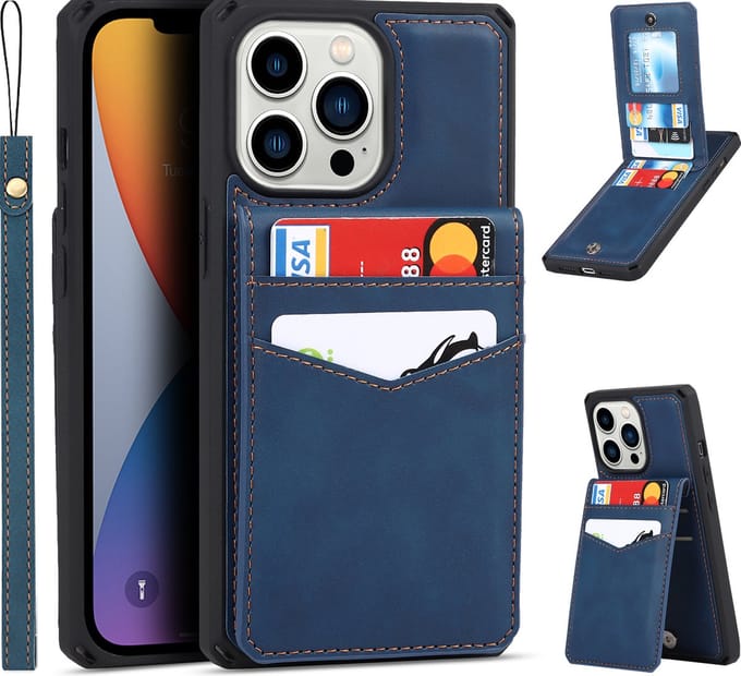 Card Case voor Apple iPhone 13 Pro Max | PU Leren Back Cover | Luxe Telefoonhoesje | Pasjeshouder | Blauw