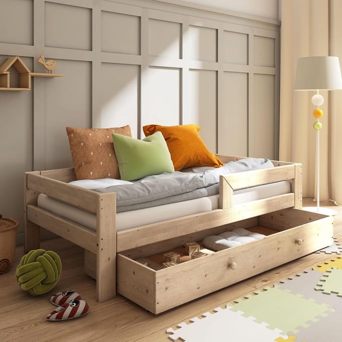 Massief Houten Kinderbed 90x180 cm met Uitschuifbare Lade en Valbescherming