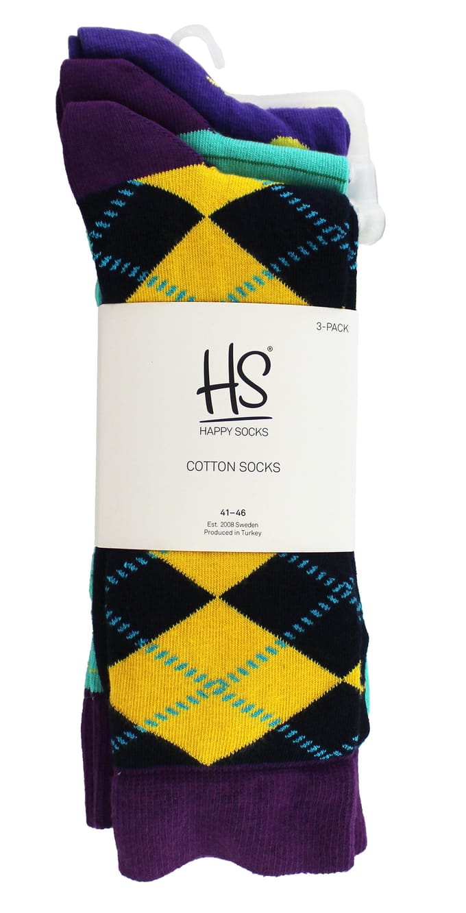 HS by Happy Socks - Heren 3-pack Fun Novelty Kousen - Ruitpatroon (Paars)