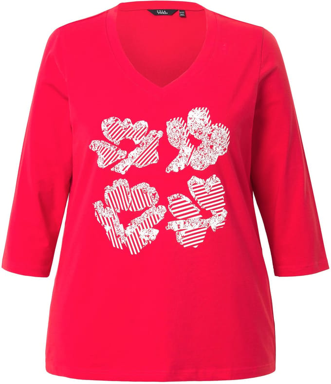 Ulla Popken - Dames - Shirt bloemen Classic V-hals 3/4-mouwen - Lychee - Maat 54+