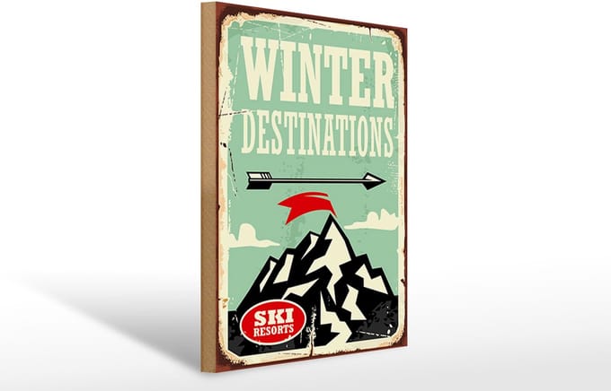 Holzschild Retro 30x40cm Ski winter destinations