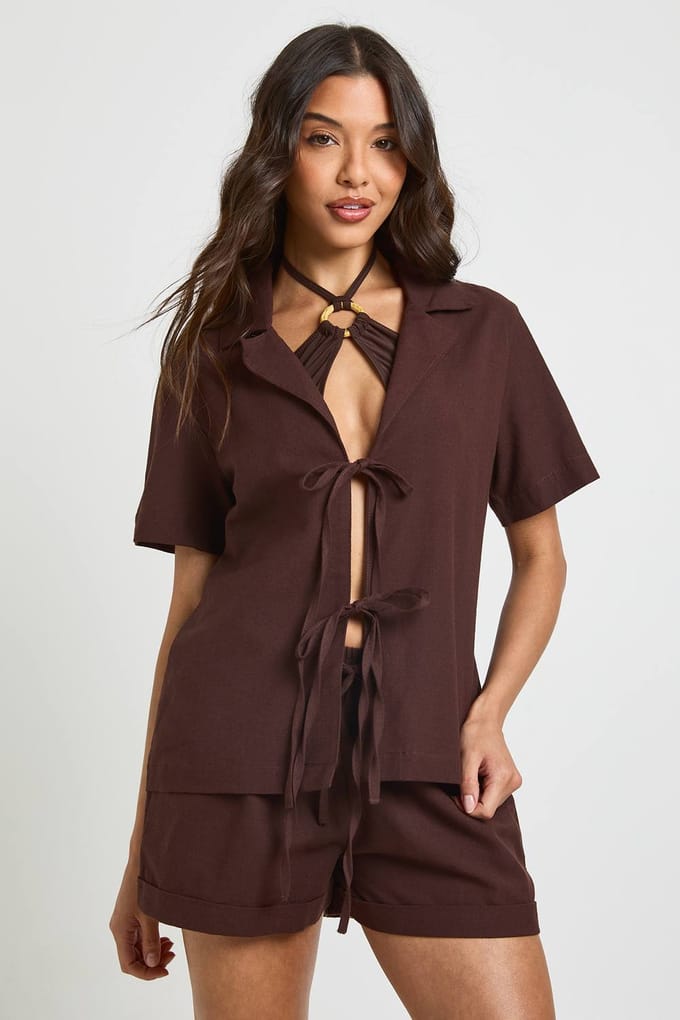 boohoo Dames Linnen Strik-voor Strandco-ord | Chocoladebruin | Maat: 44