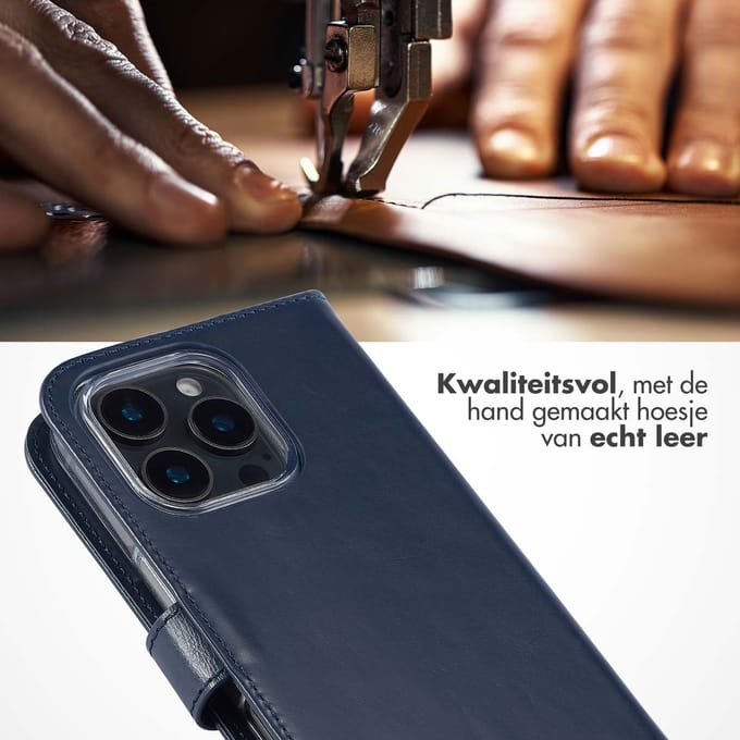 Selencia Hoesje - Geschikt voor Apple iPhone 16 Pro - Echt Lederen Bookcase - Blauw