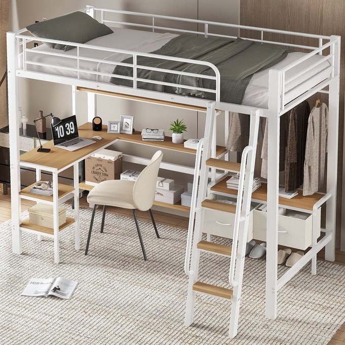 Sweiko Hoogslaper - 90x200cm - IJzeren frame - Met bureau - Opbergplank - 2 boxen - Wit + Natuurlijke