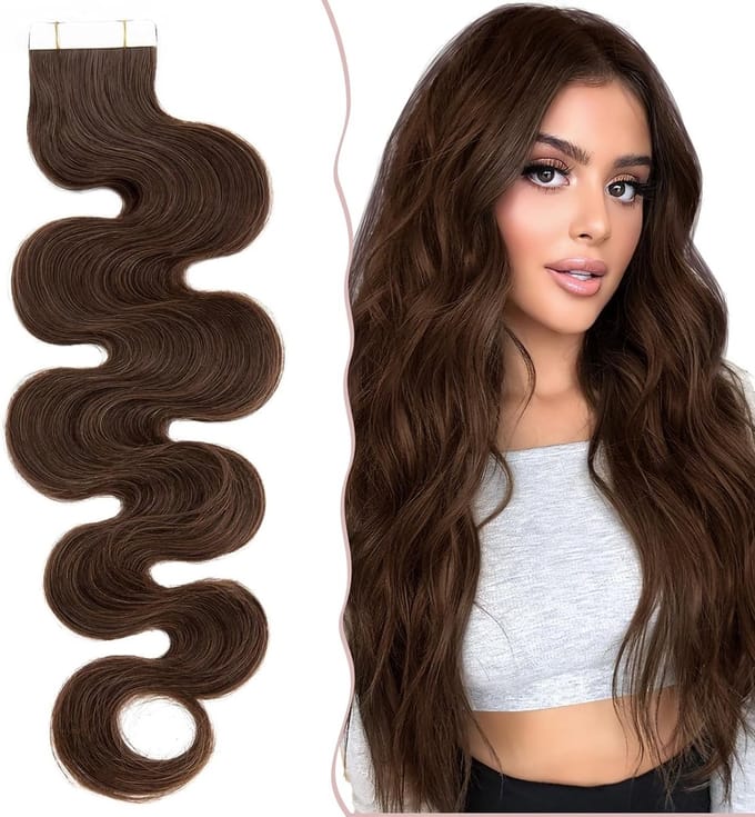 Tape-in Echte Haar Extensions, 20 Stuks, Golvend Haar, 35 cm, Natuurlijke Look, Kleur #04, Gemakkelijk te Bevestigen
