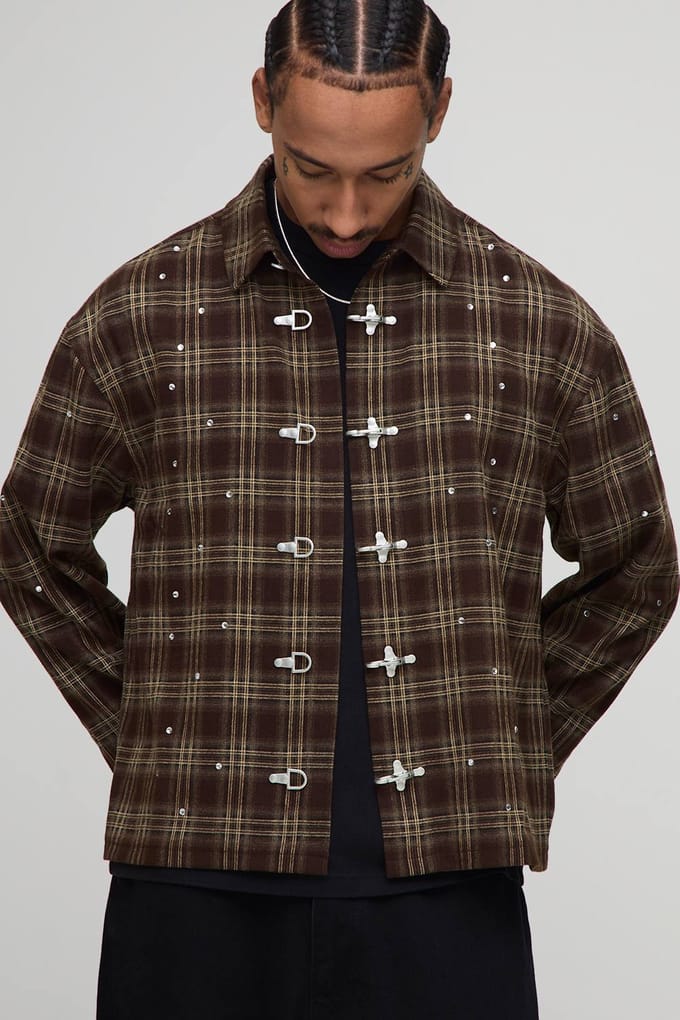 Oversized Buckle Detail Embellished Checked Overshirt | Brown | Size Medium