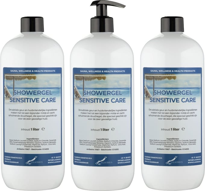 Douchegel Sensitive Care 1 Liter - set van 3 stuks - met gratis pomp - Showergel
