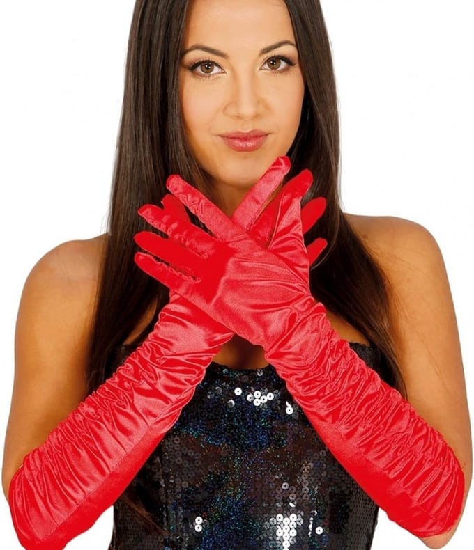 Gala handschoenen met plooien - rood - lang model - satijn - one size