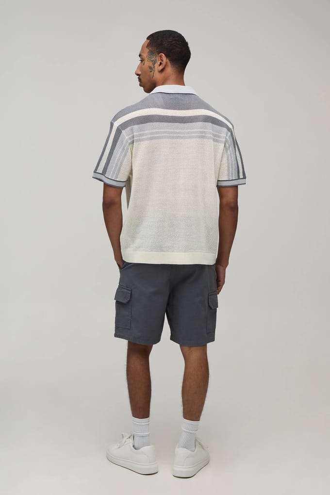 Ontspannen Boxy Open Steek Gestreept Gebreid Overhemd | Grey | Size Medium