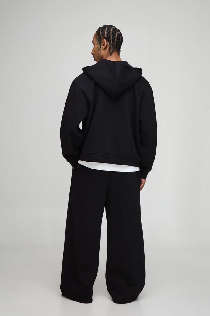 Oversized Boxy Men's Trainingspak met Capuchon, Ritssluiting en Wijde Pijpen | Black | Size Medium