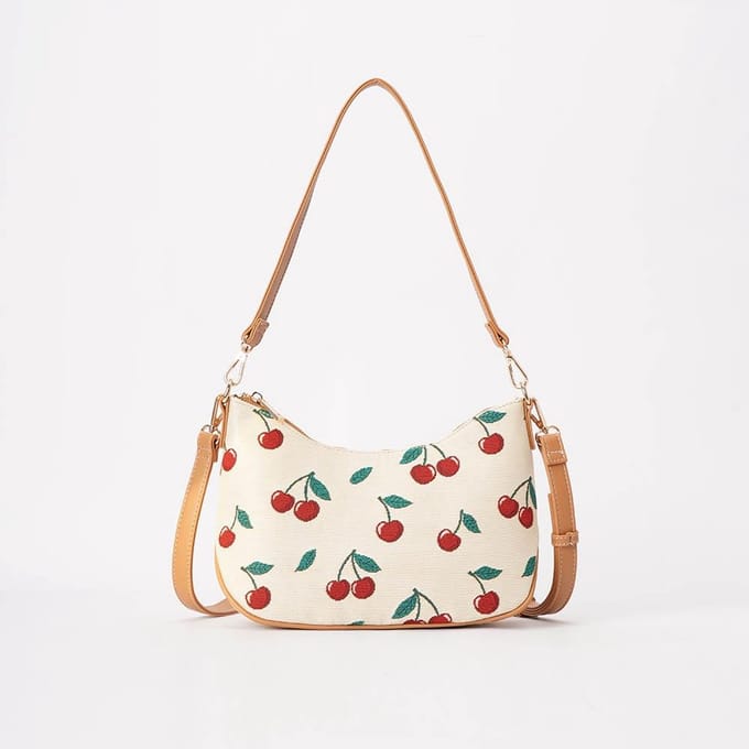Moon - Shaped Handbag - Handtas - Cherry - Kersen - Cremekleurige achtergrond