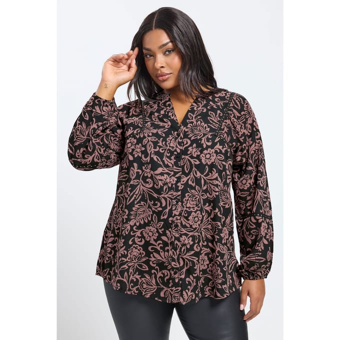 Yours Bruine Bouse Met Bloemenprint En Studs Size 44